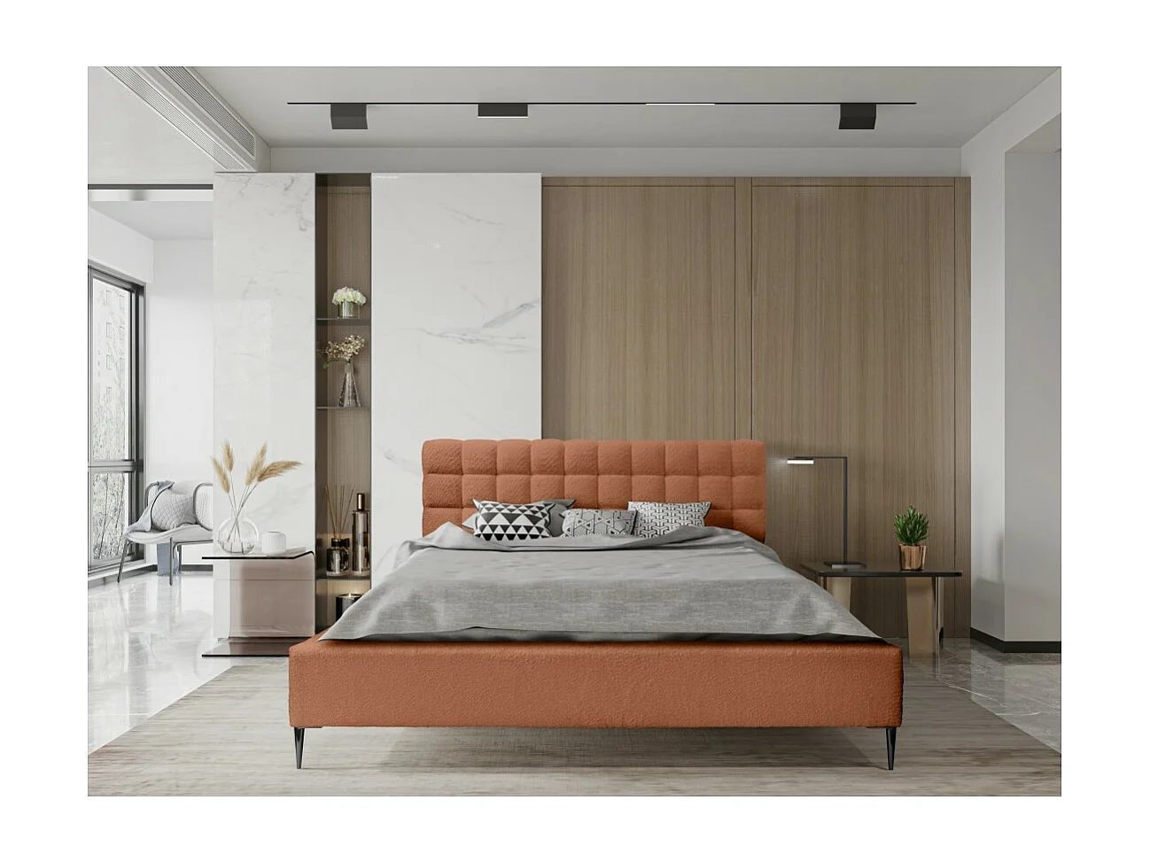 Lit MILLIO – Terracotta – 180x200 cm – Tissu chenille bouclé – Sommier inclus – Confort hôtel 5 étoiles