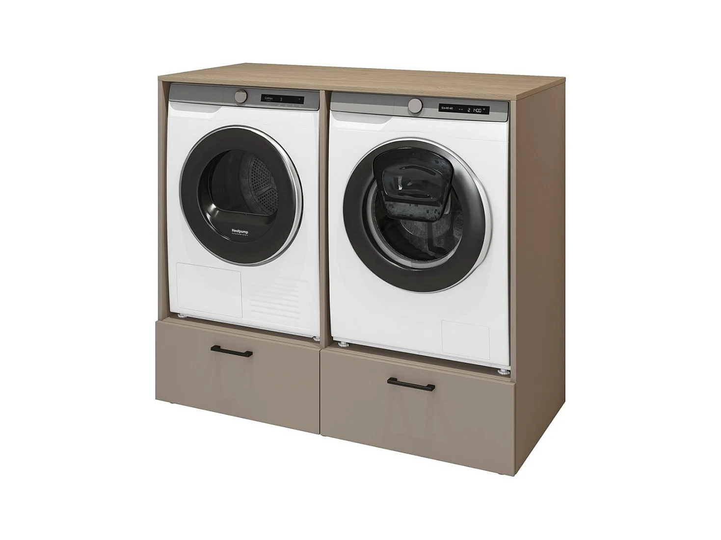 Meuble de rangement pour machine à laver et sèche-linge collection WASHING – 2 tiroirs – Taupe et chêne