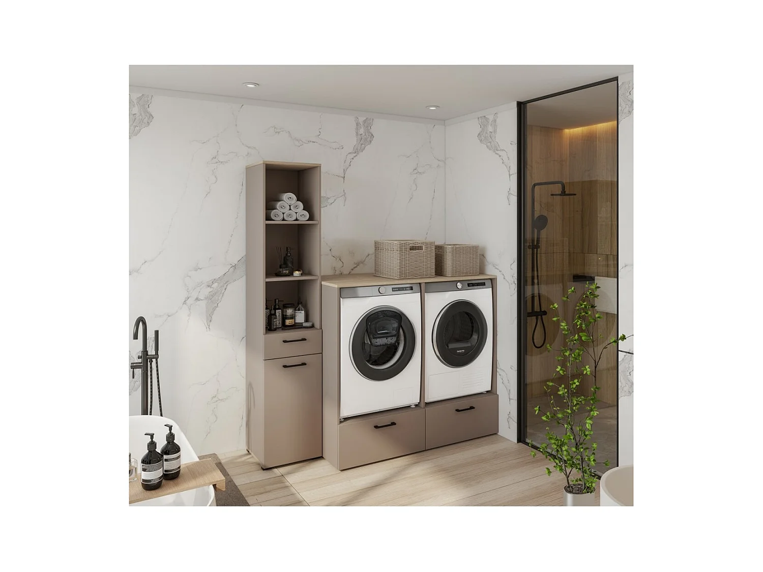 Meuble de rangement pour machine à laver et sèche-linge collection WASHING – 2 tiroirs – Taupe et chêne