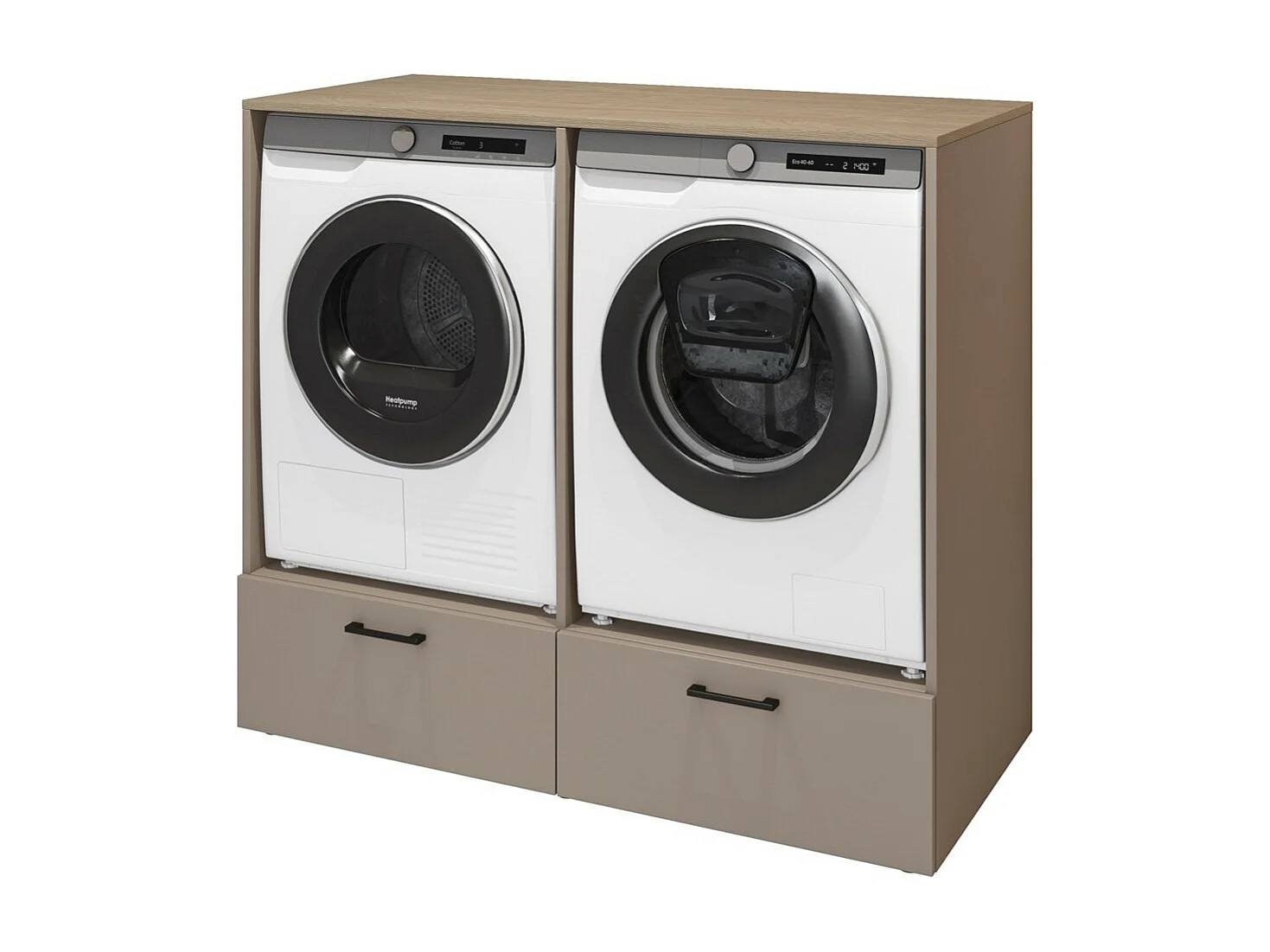 Meuble de rangement pour machine à laver et sèche-linge collection WASHING – 2 tiroirs – Taupe et chêne
