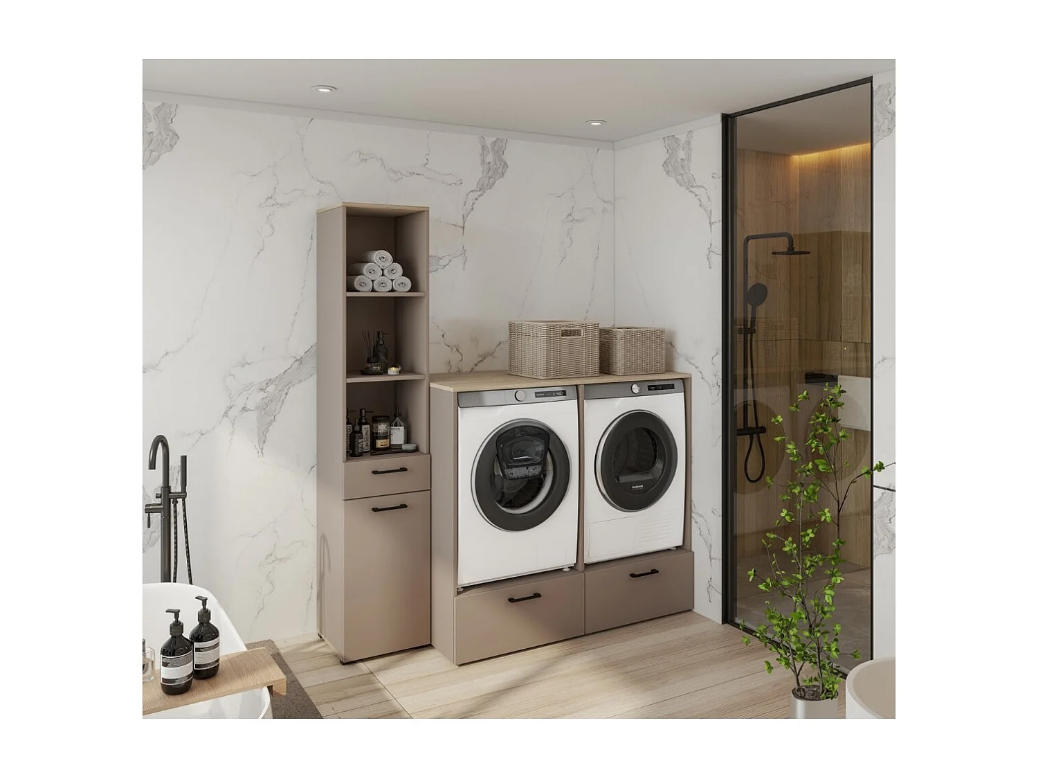 Meuble de rangement pour machine à laver et sèche-linge collection WASHING – 2 tiroirs – Taupe et chêne