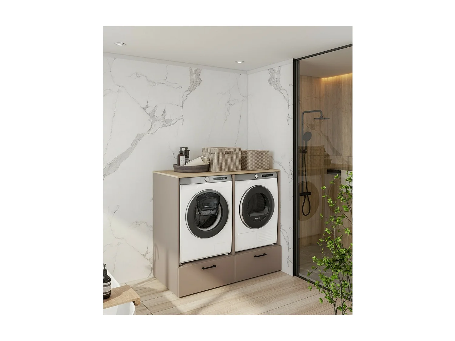 Meuble de rangement pour machine à laver et sèche-linge collection WASHING – 2 tiroirs – Taupe et chêne