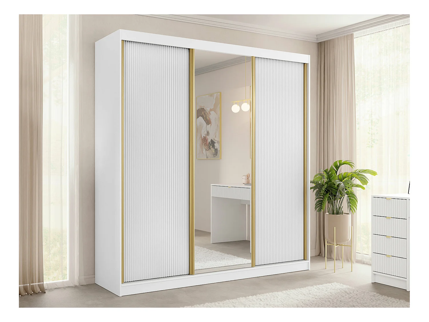 Armoire Comfivo Larmire 112, Blanc|Doré, 216x200x60cm, Portes d'armoire: Coulissantes