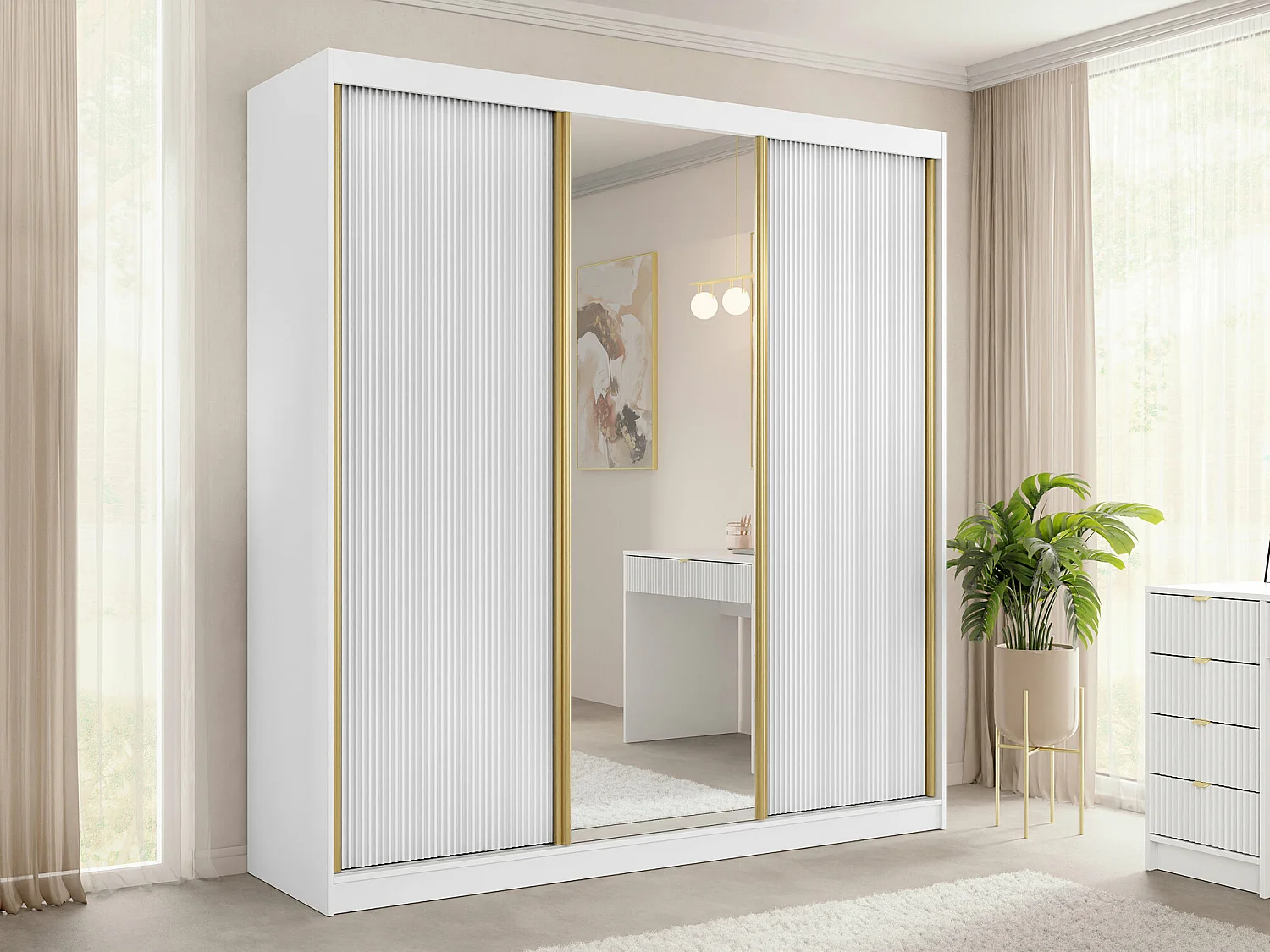 Armoire Comfivo Larmire 112, Doré|Blanc, 216x200x60cm, Portes d'armoire: Coulissantes
