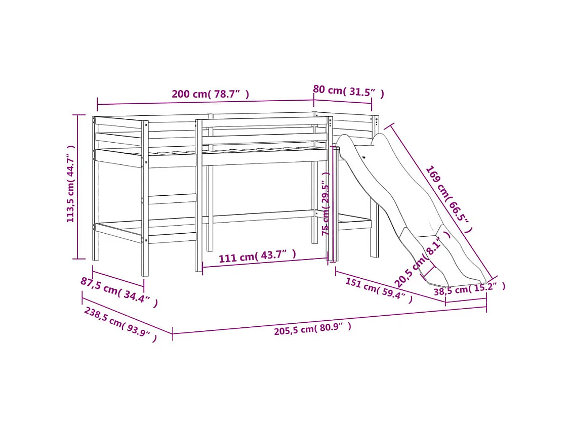 Lit mezzanine enfants avec rideaux sans matelas rose 80x200cm