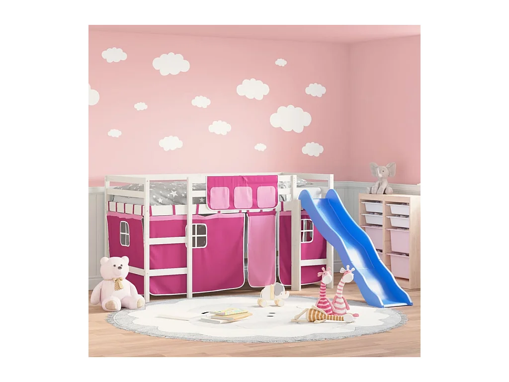 Letto a Soppalco con Tende Bambini Rosa 80x200 cm Massello Pino