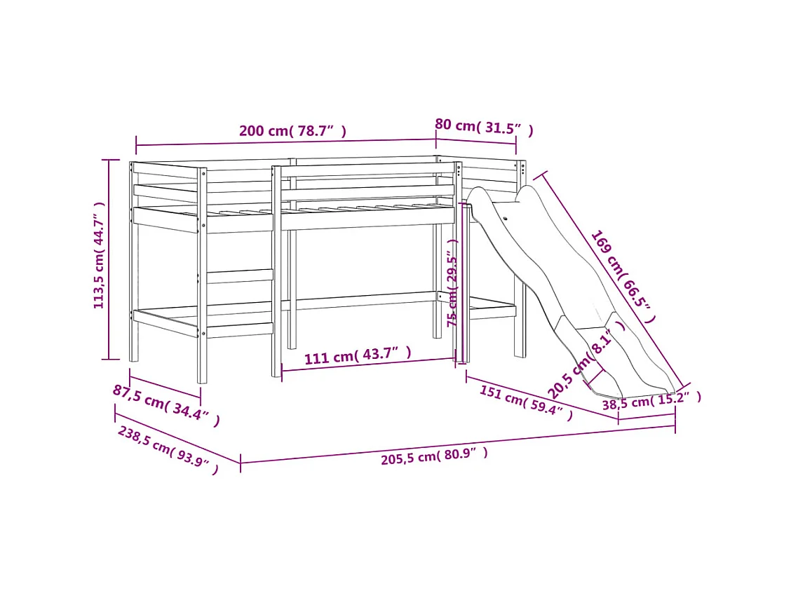Lit mezzanine enfants avec rideaux sans matelas rose 80x200cm