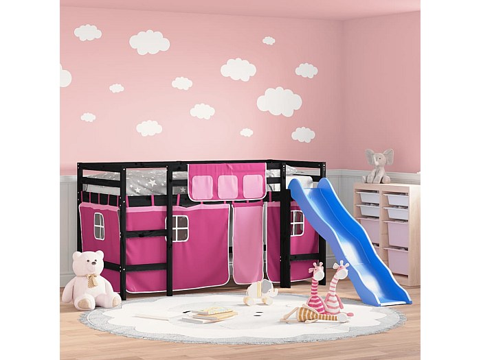 Letto A Soppalco Per Bambini E Tende Rosa 80x200 Cm In Legno Di Pino Massiccio 2