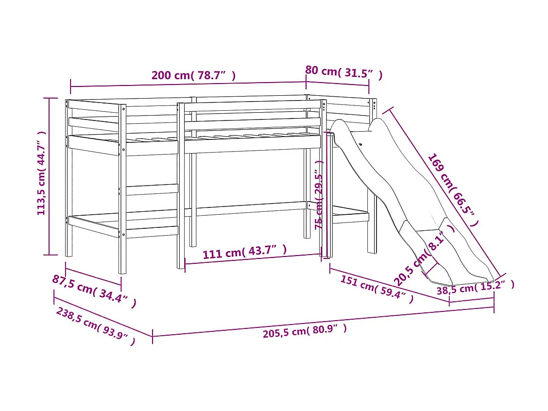 Lit mezzanine enfants avec rideaux sans matelas rose 80x200cm