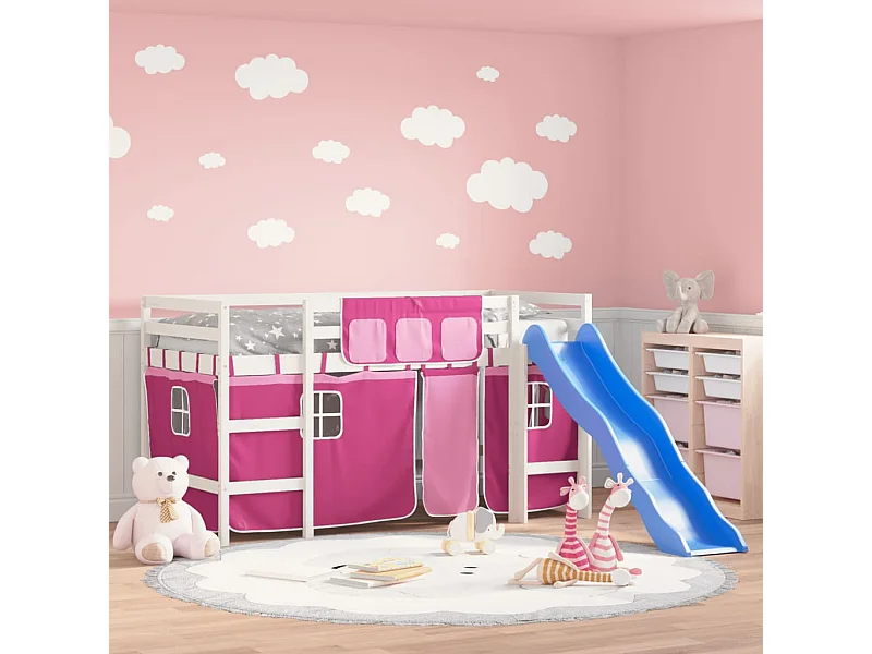 Cama alta p/ criança c/ cortinas 90x190 cm pinho maciço rosa