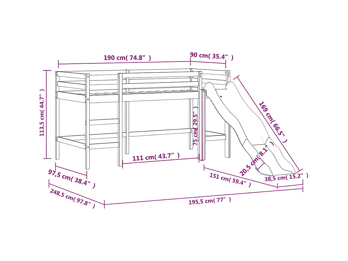 Lit mezzanine enfants avec rideaux sans matelas 90x190 cm
