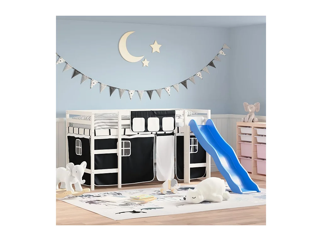 Letto a Soppalco con Tende Bambini Bianco e Nero 80x200 cm Pino