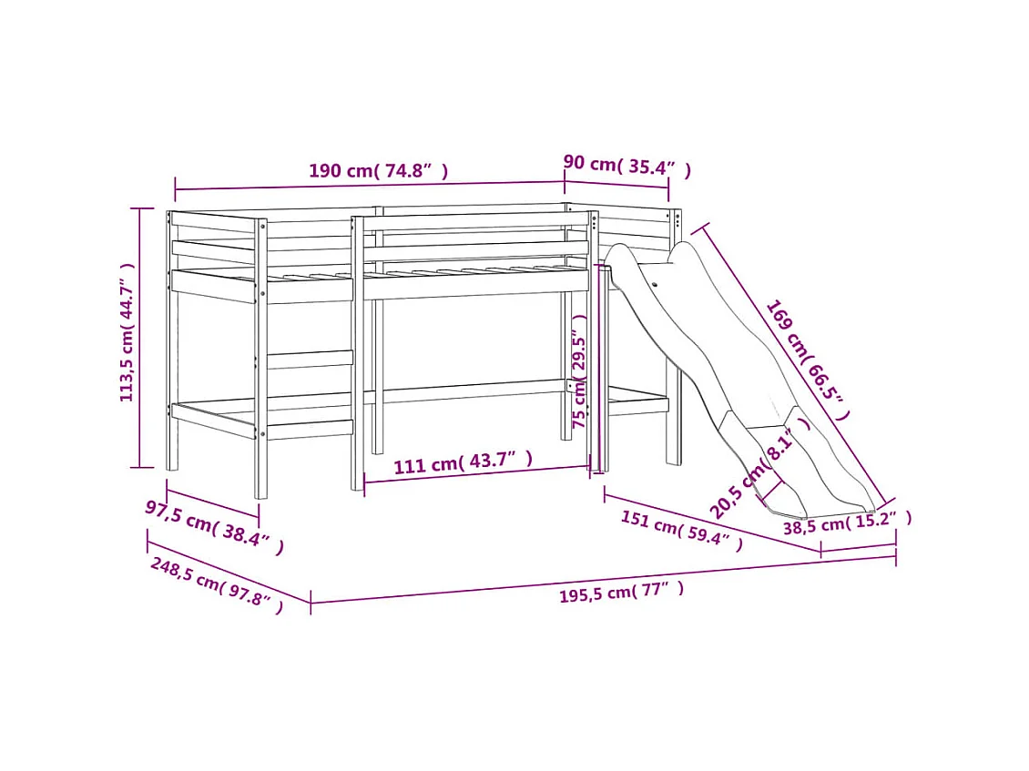 Cama alta p/ criança c/ cortinas 90x190 cm pinho maciço rosa
