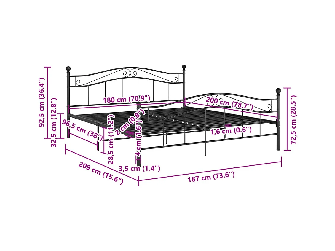 Cadre de lit Noir Métal 180x200 cm