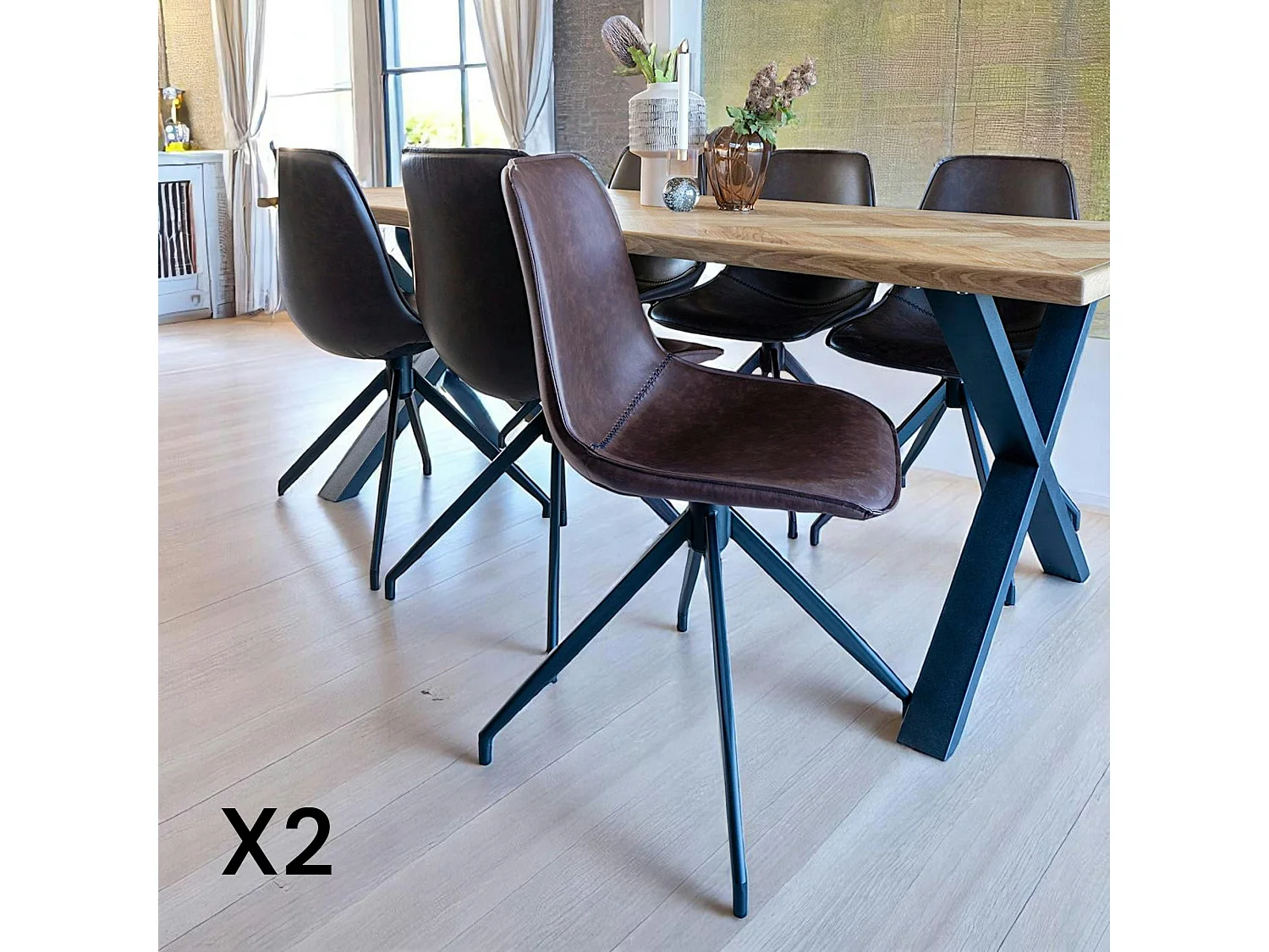 Chaise pivotante marron foncé avec couture (lot de 2) AMSTERDAM