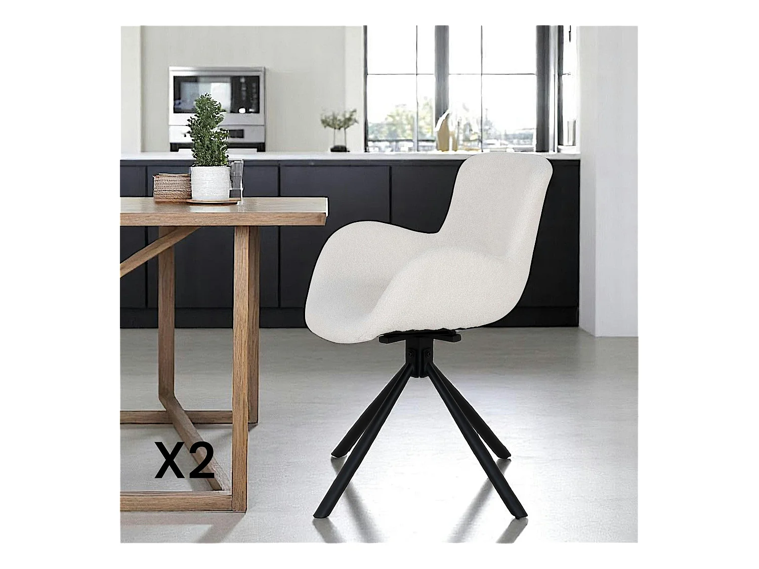 Chaise pivotante blanche en tissu bouclette, dossier ouvert (lot de 2) SAVONE