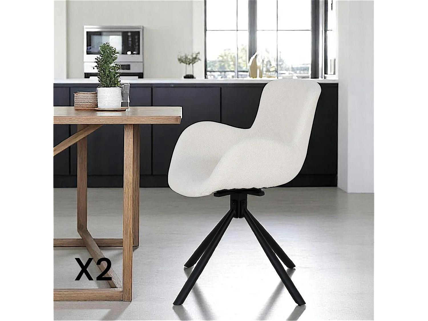 Chaise pivotante blanche en tissu bouclette, dossier ouvert (lot de 2) SAVONE