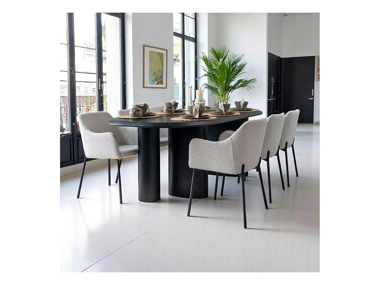 Chaise blanche moderne en tissu bouclette avec accoudoirs (lot de 2) SAVONE