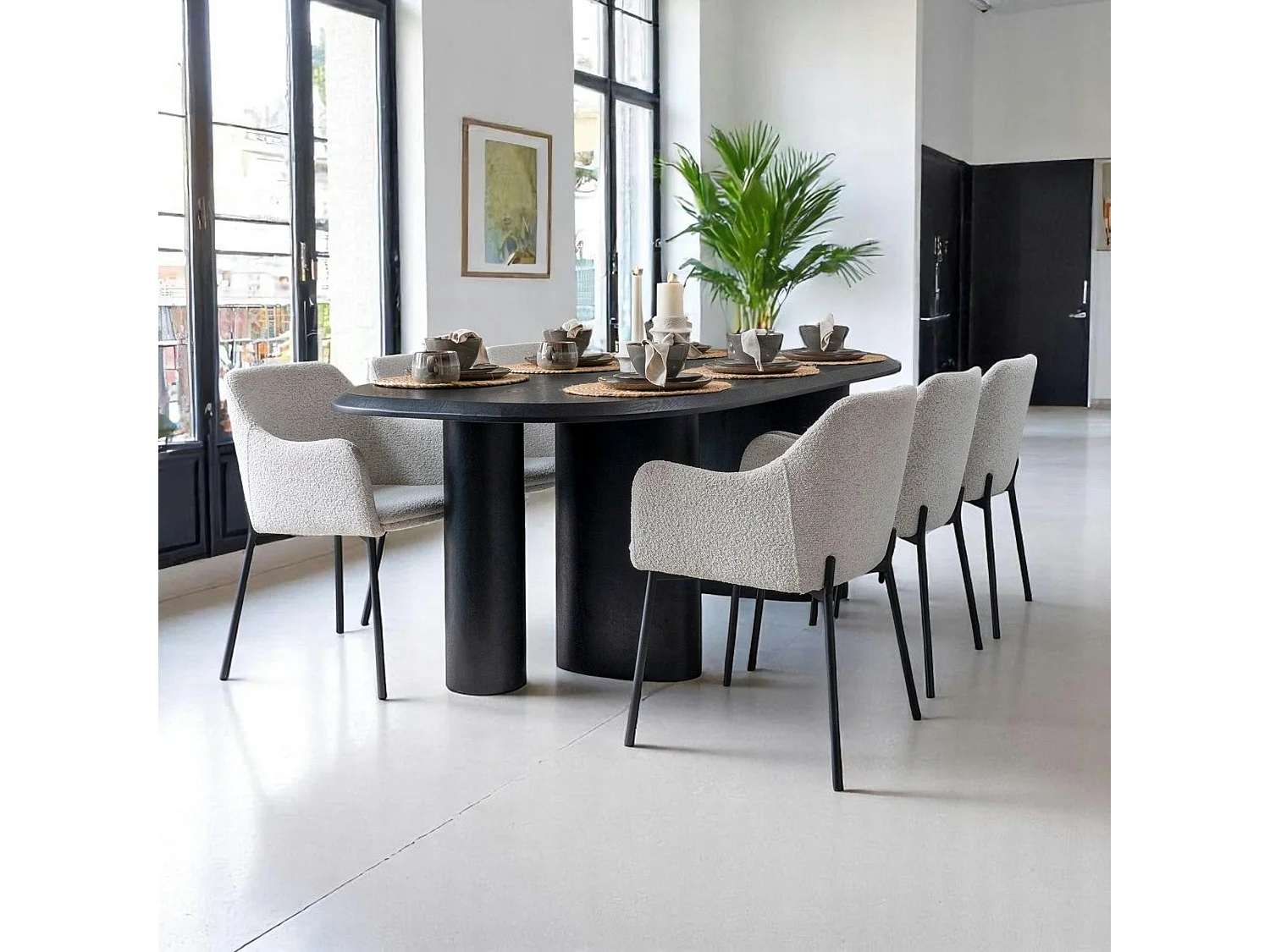 Chaise blanche moderne en tissu bouclette avec accoudoirs (lot de 2) SAVONE