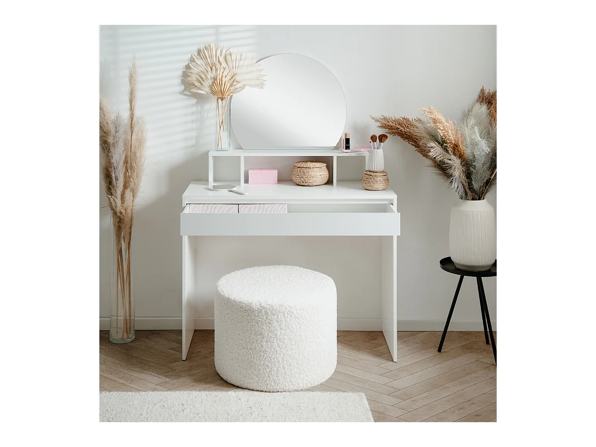 Coiffeuse 1 miroir arrondi, 3 niches supérieures et 1 grand tiroir L100cm - IMAGE