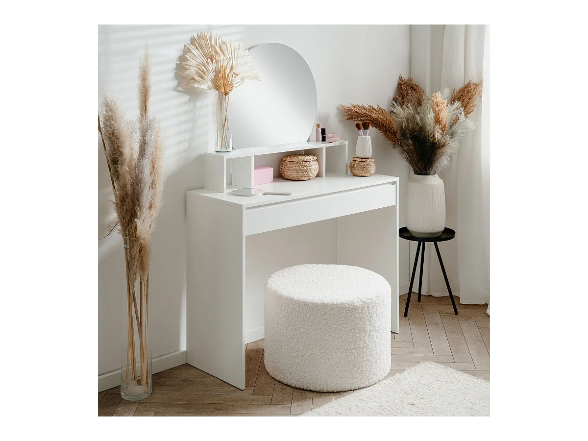 Coiffeuse 1 miroir arrondi, 3 niches supérieures et 1 grand tiroir L100cm - IMAGE