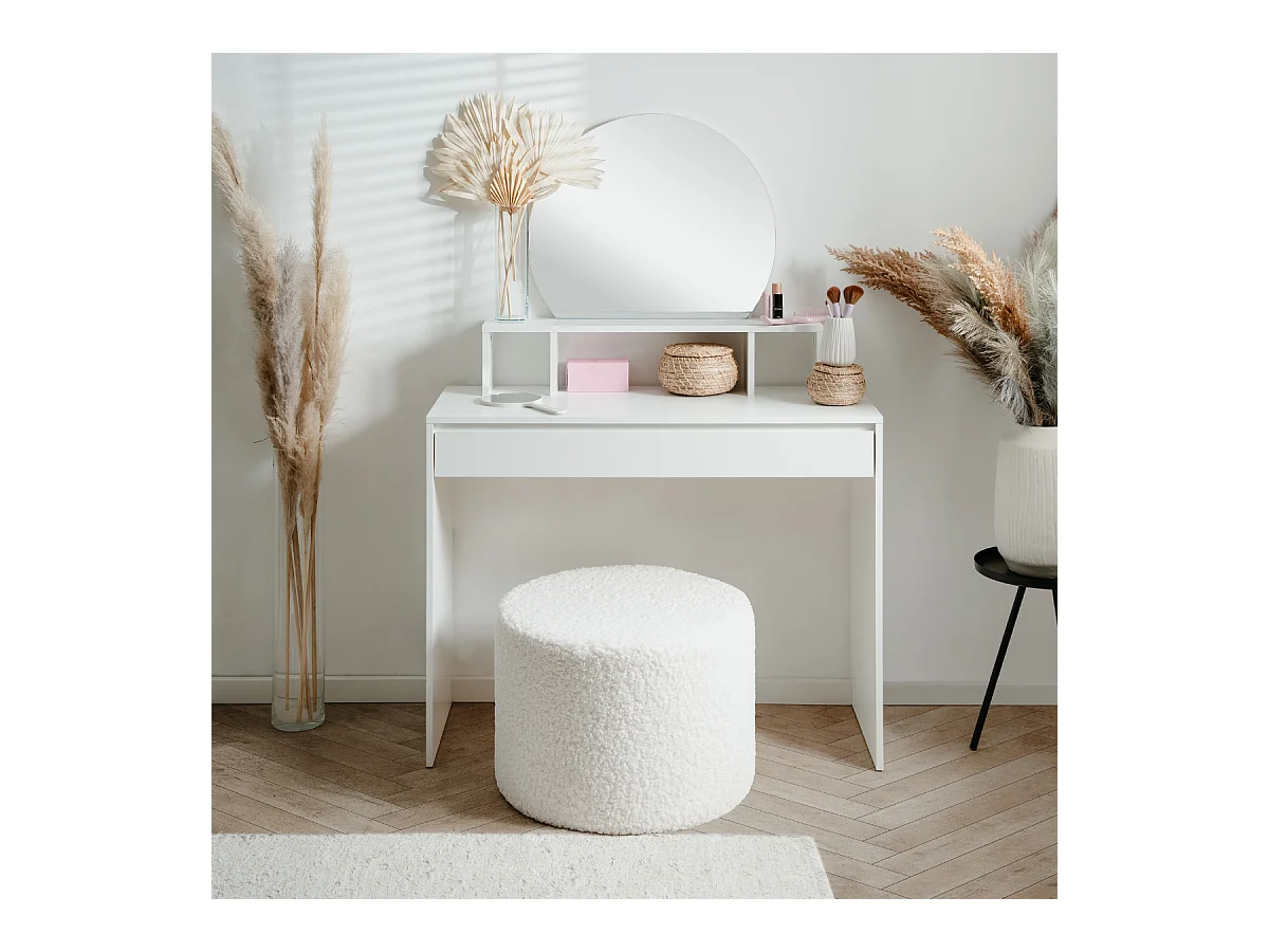 Coiffeuse 1 miroir arrondi, 3 niches supérieures et 1 grand tiroir L100cm - IMAGE