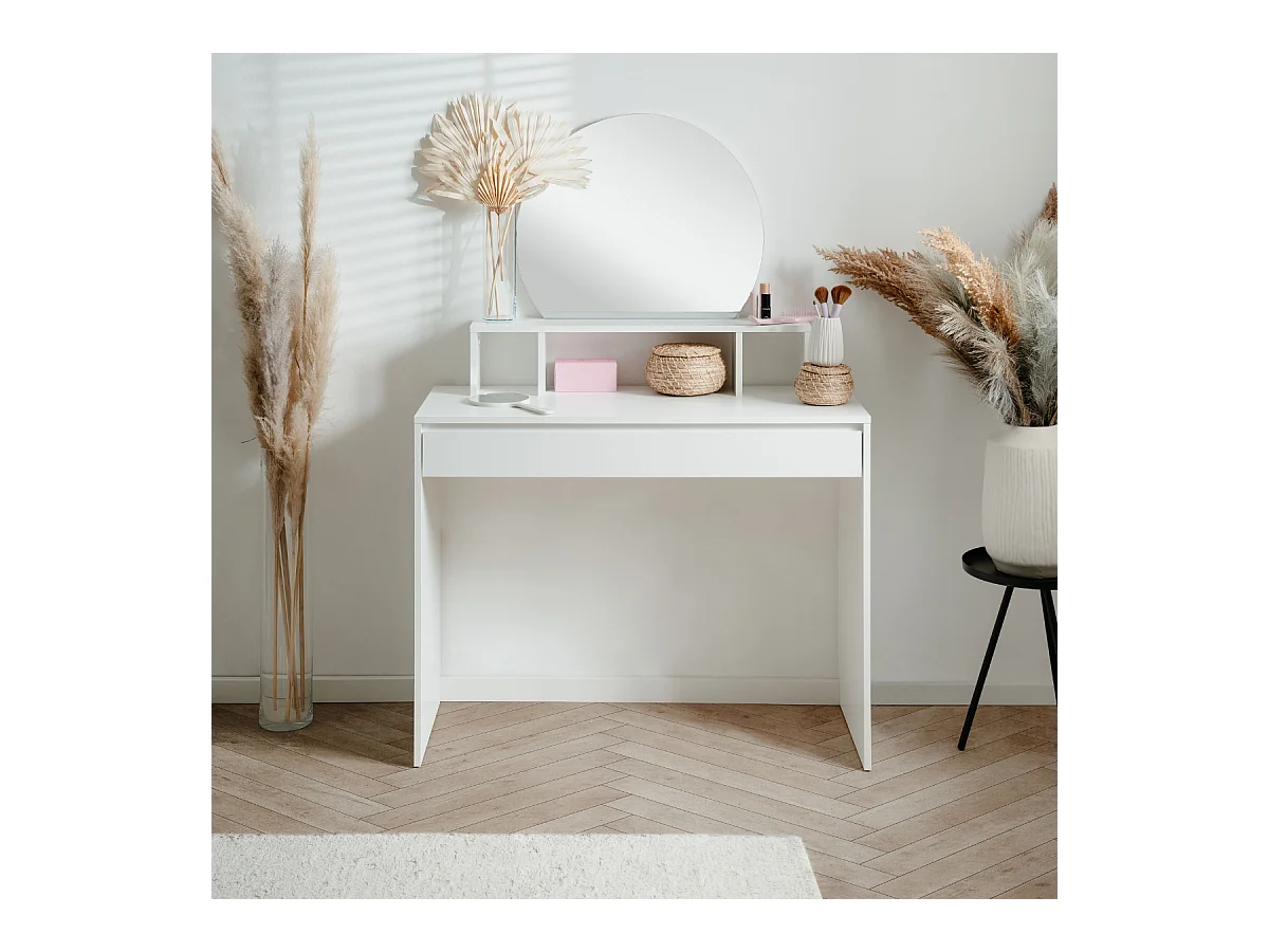 Coiffeuse 1 miroir arrondi, 3 niches supérieures et 1 grand tiroir L100cm - IMAGE