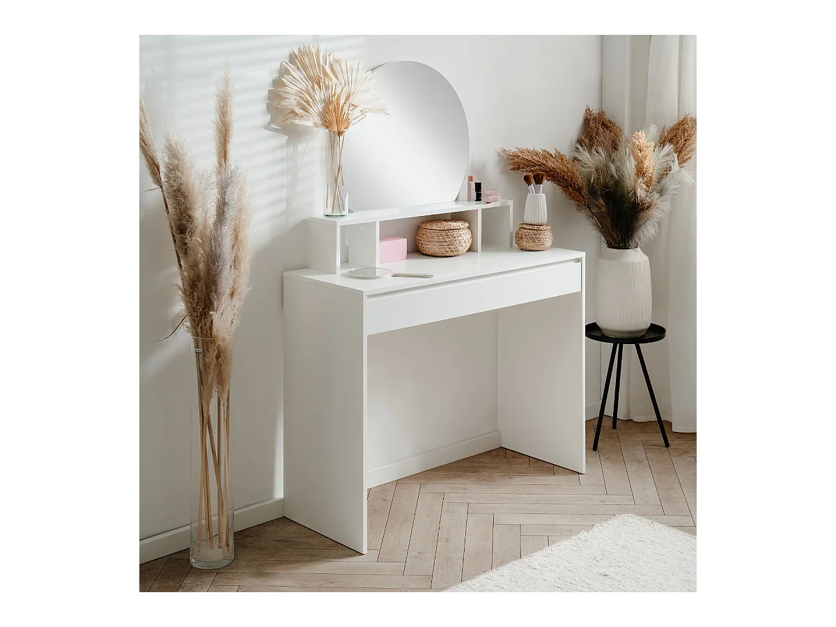 Coiffeuse 1 miroir arrondi, 3 niches supérieures et 1 grand tiroir L100cm - IMAGE