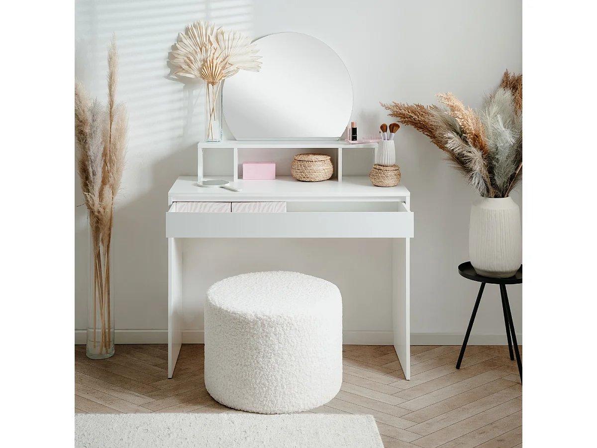 Coiffeuse 1 miroir arrondi, 3 niches supérieures et 1 grand tiroir L100cm - IMAGE