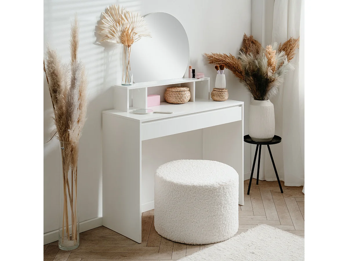 Coiffeuse 1 miroir arrondi, 3 niches supérieures et 1 grand tiroir L100cm - IMAGE