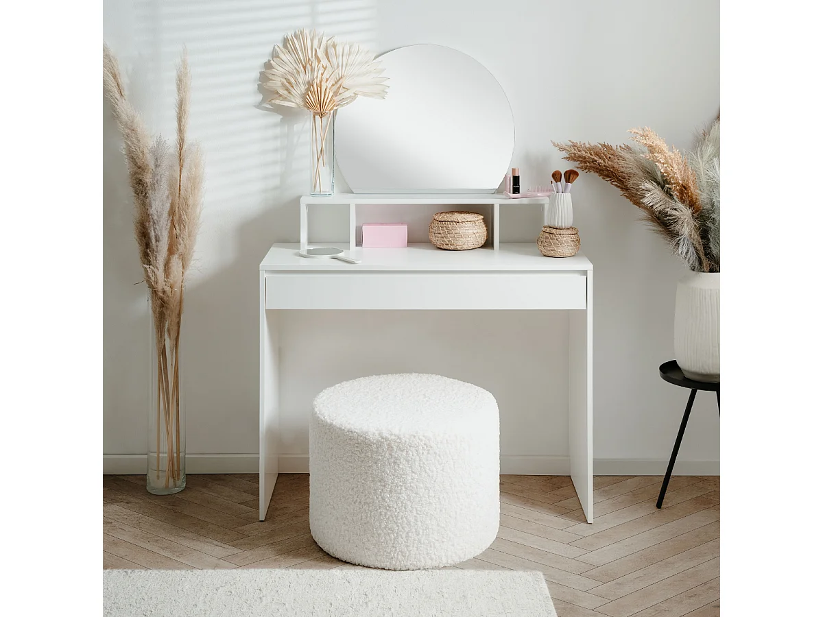 Coiffeuse 1 miroir arrondi, 3 niches supérieures et 1 grand tiroir L100cm - IMAGE