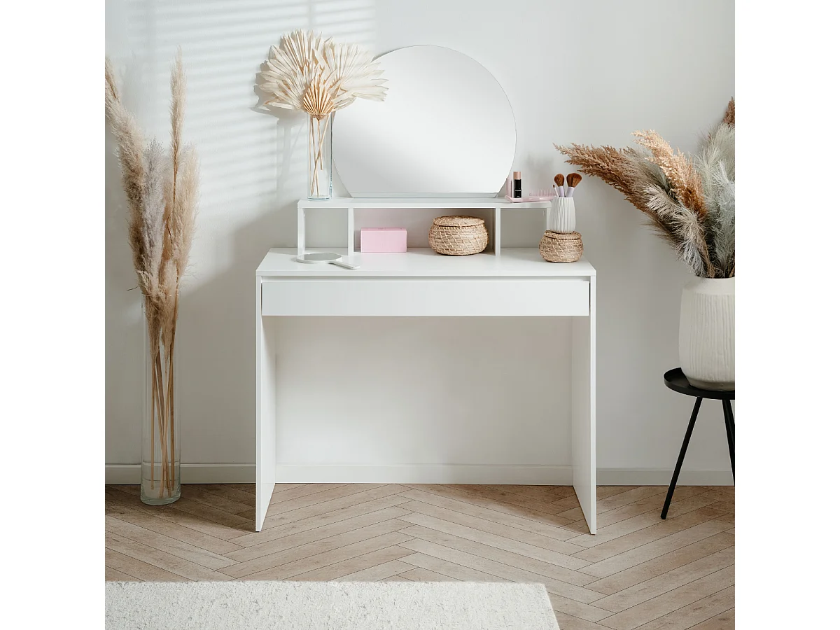 Coiffeuse 1 miroir arrondi, 3 niches supérieures et 1 grand tiroir L100cm - IMAGE