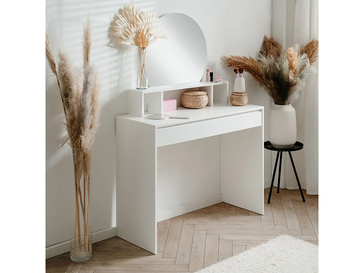 Coiffeuse 1 miroir arrondi, 3 niches supérieures et 1 grand tiroir L100cm - IMAGE