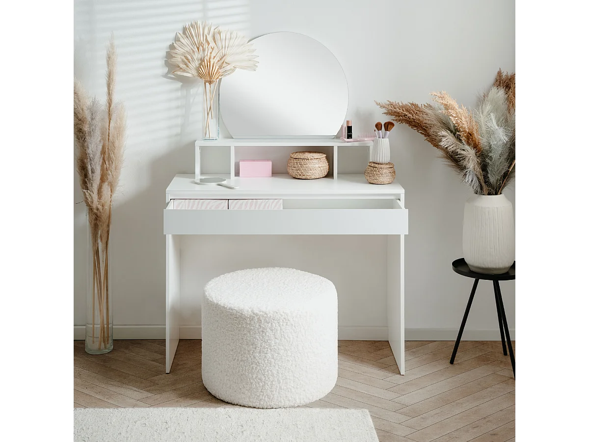 Coiffeuse 1 miroir arrondi, 3 niches supérieures et 1 grand tiroir L100cm - IMAGE