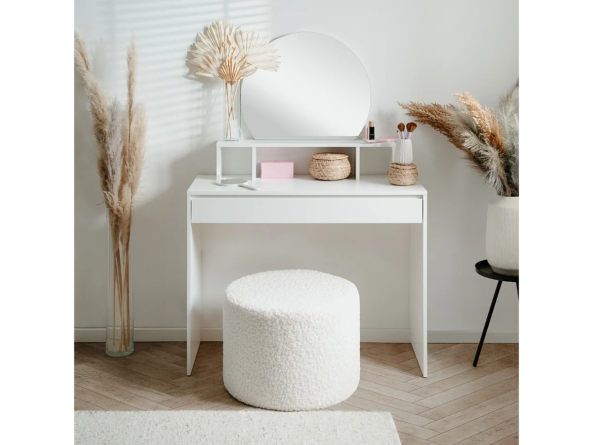 Coiffeuse 1 miroir arrondi, 3 niches supérieures et 1 grand tiroir L100cm - IMAGE