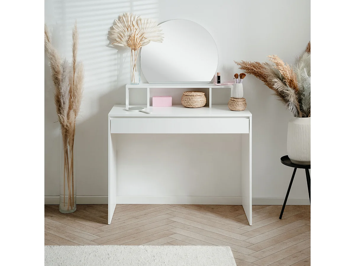 Coiffeuse 1 miroir arrondi, 3 niches supérieures et 1 grand tiroir L100cm - IMAGE