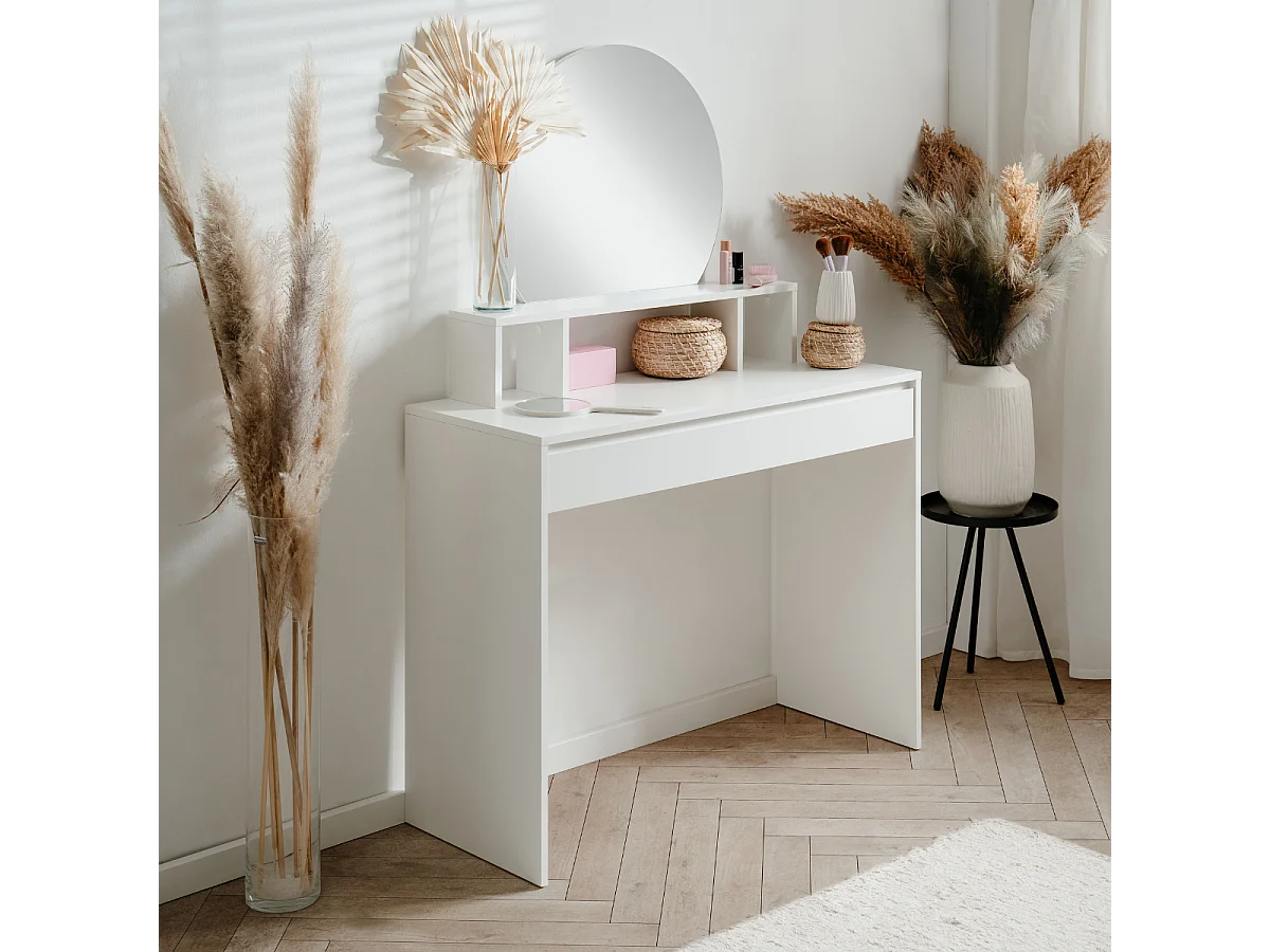 Coiffeuse 1 miroir arrondi, 3 niches supérieures et 1 grand tiroir L100cm - IMAGE