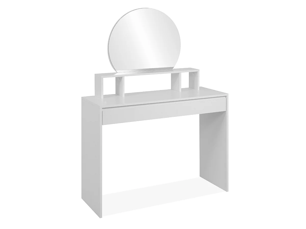 Toaletka z 1 zaokrąglonym lustrem, 3 górnymi wnękami i 1 dużą szufladą L100cm - WIZUALIZACJA