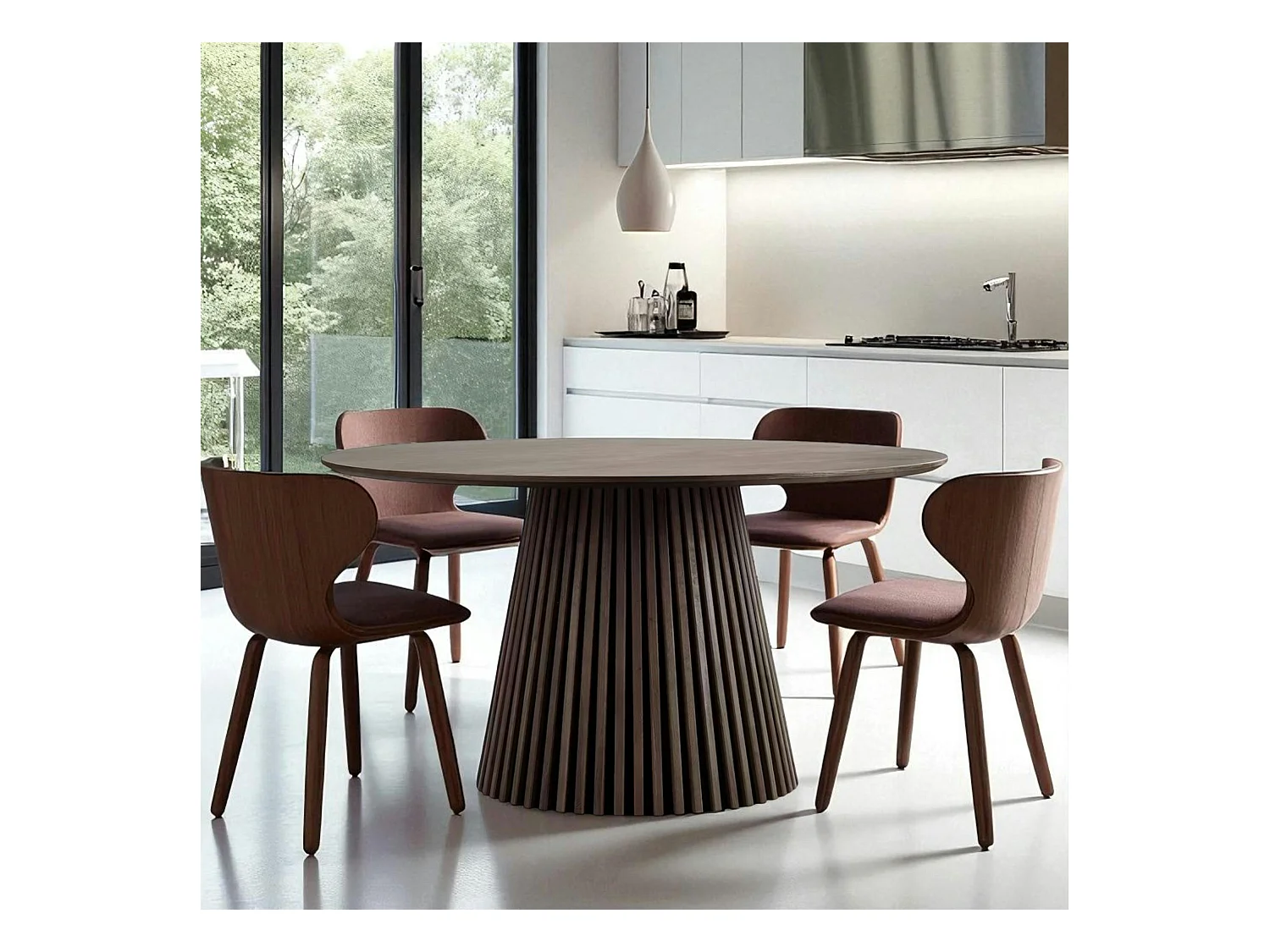 Table ronde en chêne brun avec piètement baguette ø120 cm AMSTERDAM