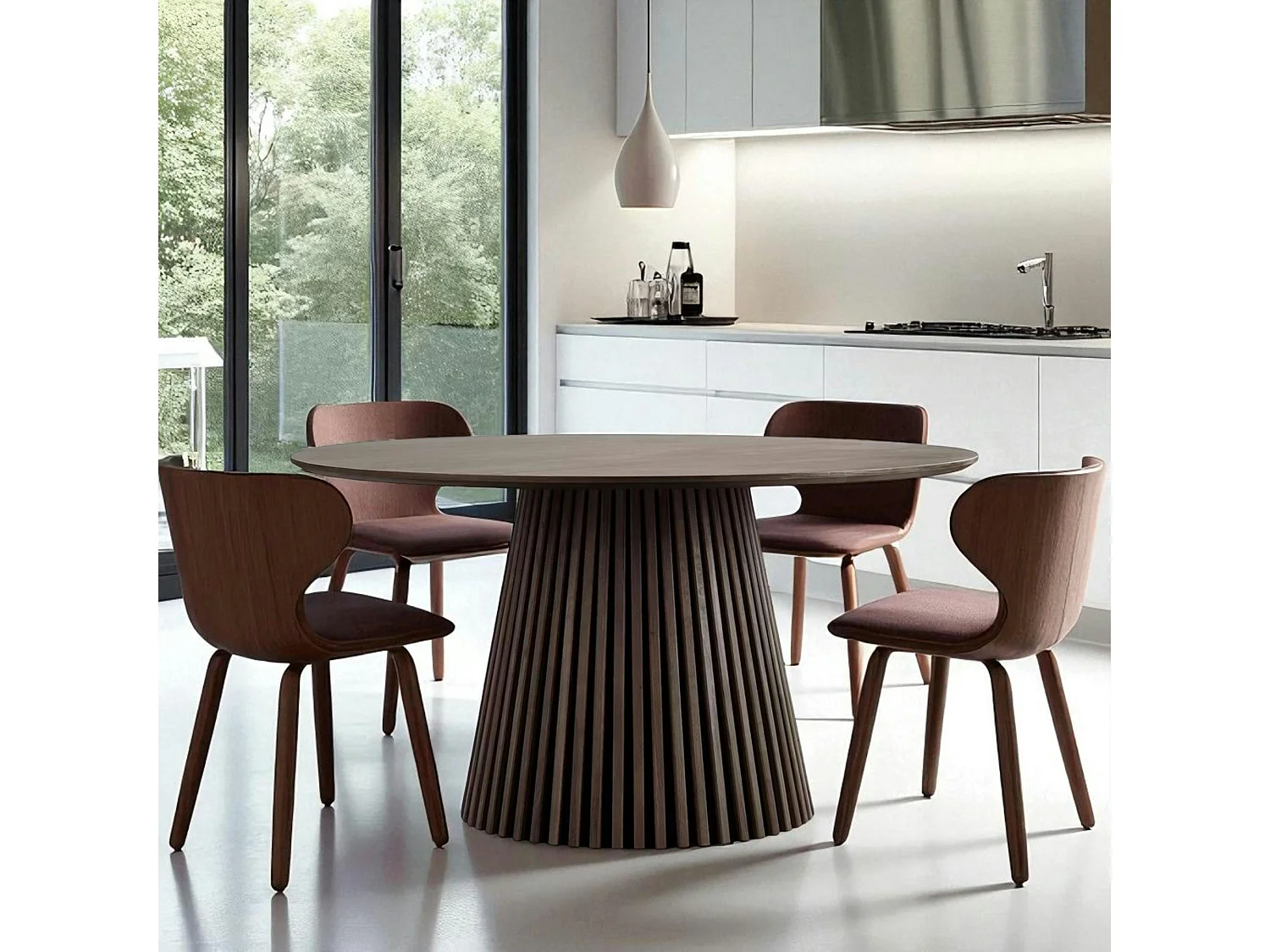 Table ronde en chêne brun avec piètement baguette ø120 cm AMSTERDAM