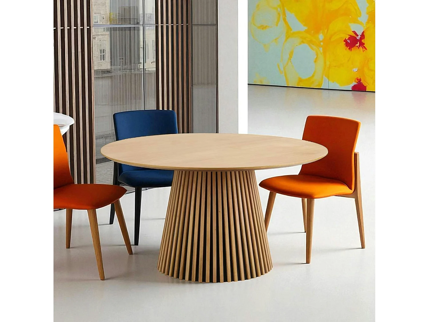 Table ronde en chêne clair avec piètement baguette ø120 cm AMSTERDAM