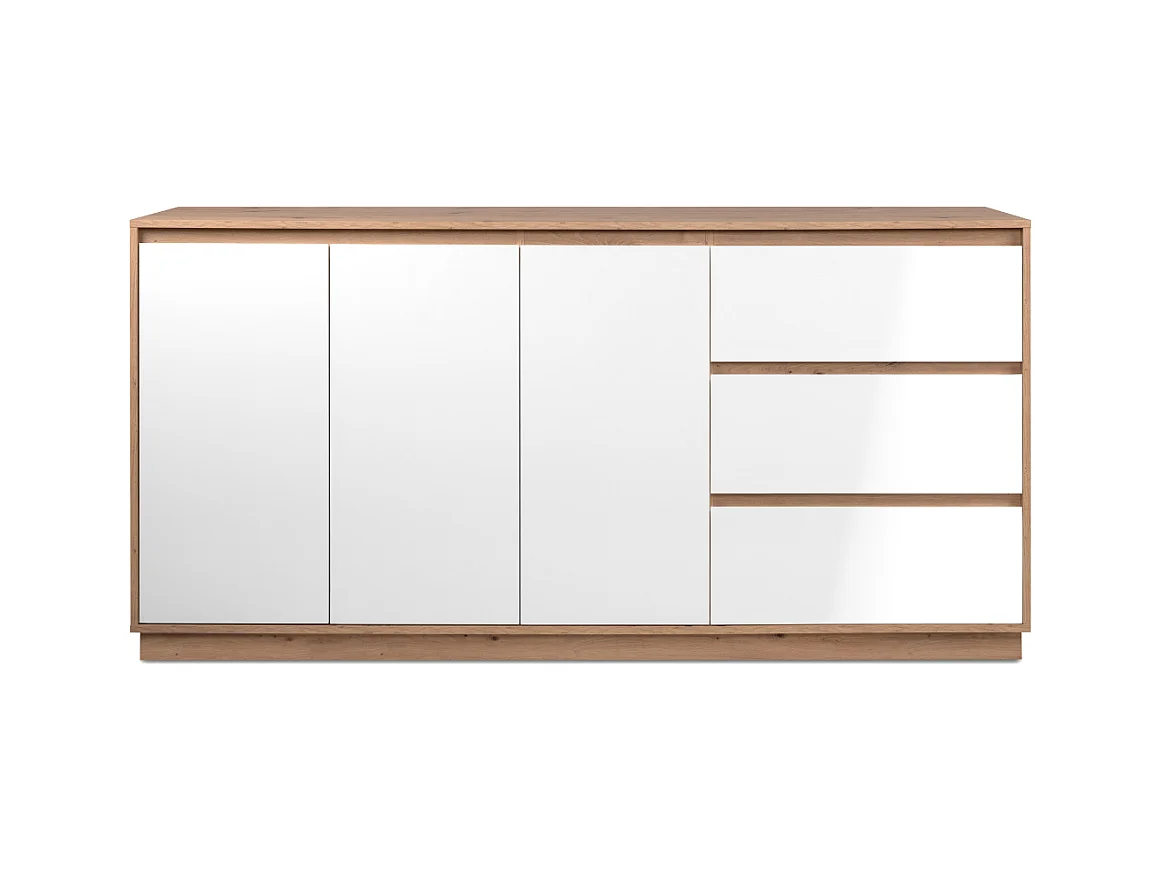 Buffet 3 portes et 3 tiroirs décor blanc brillant et chêne artisan L178cm - PHOENIX