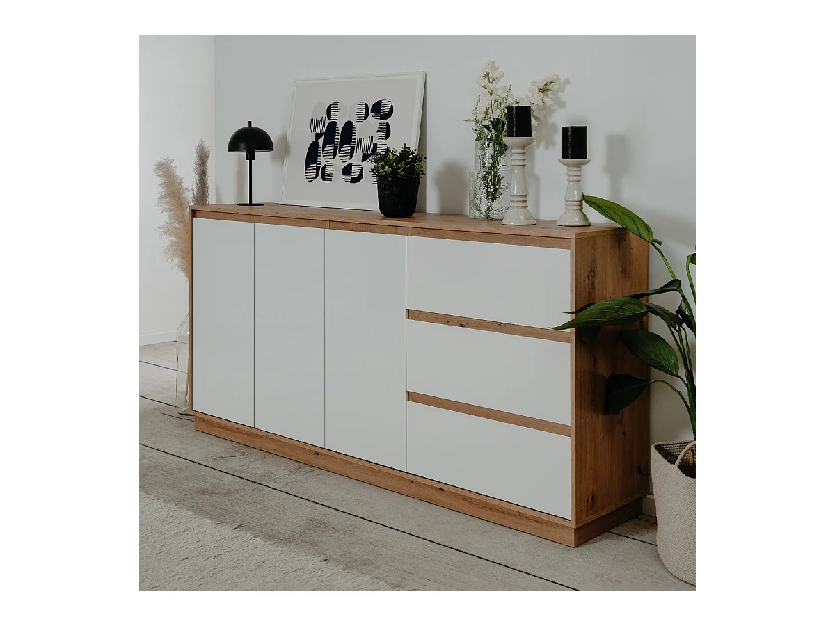 Buffet 3 portes et 3 tiroirs décor blanc brillant et chêne artisan L178cm - PHOENIX