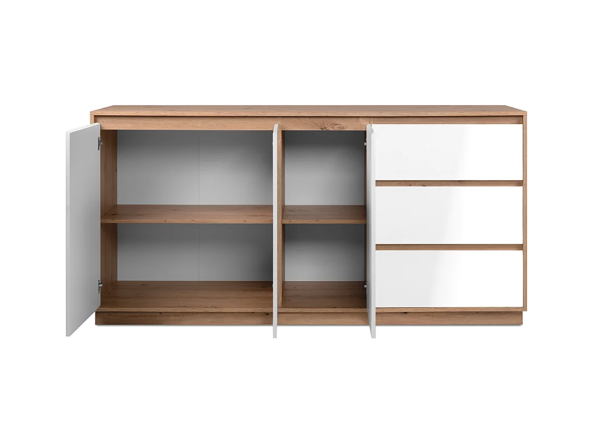 Buffet 3 portes et 3 tiroirs décor blanc brillant et chêne artisan L178cm - PHOENIX