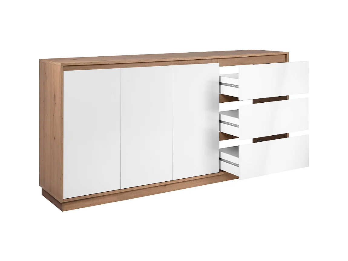 Buffet 3 portes et 3 tiroirs décor blanc brillant et chêne artisan L178cm - PHOENIX