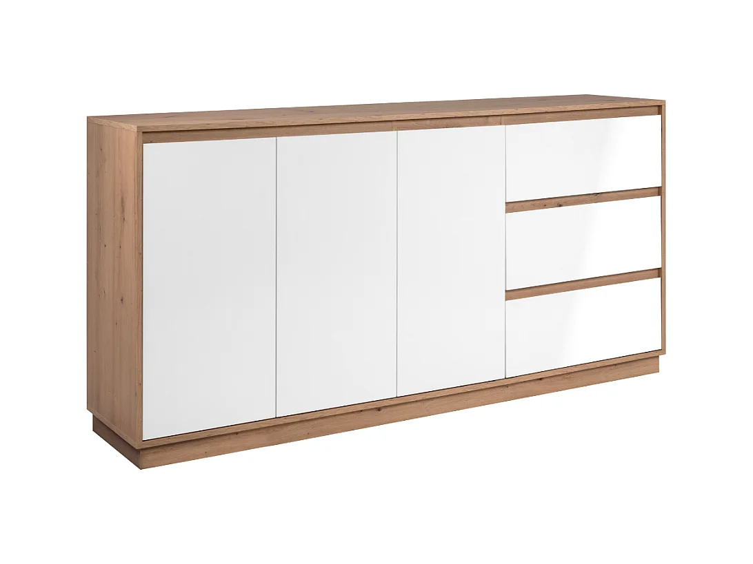 Buffet 3 portes et 3 tiroirs décor blanc brillant et chêne artisan L178cm - PHOENIX