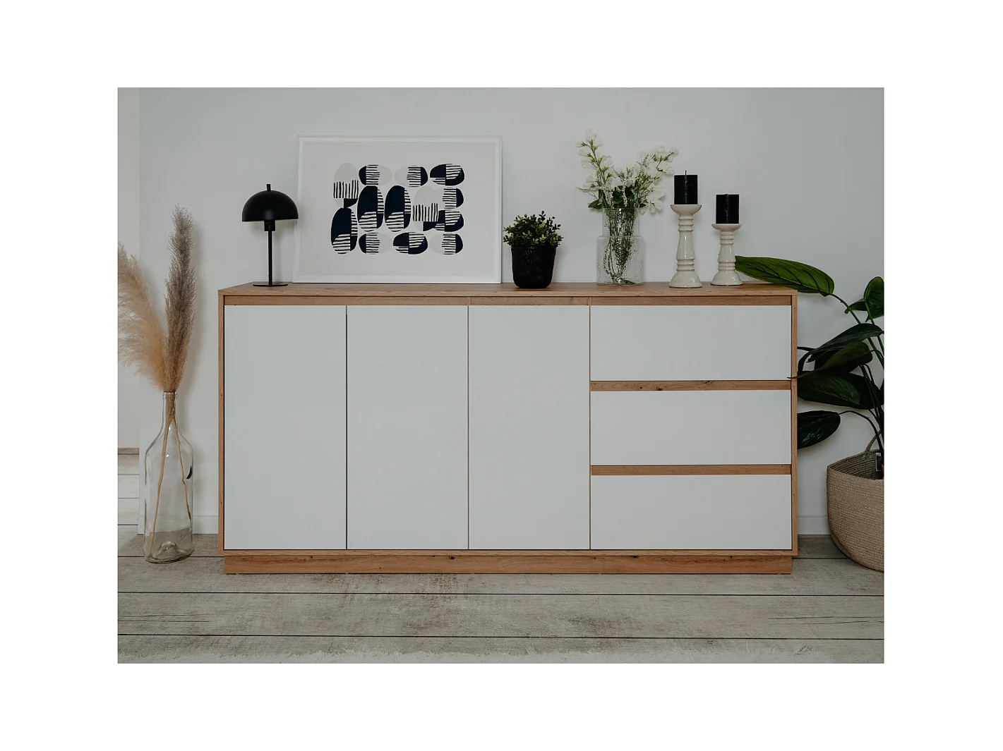 Buffet 3 portes et 3 tiroirs décor blanc brillant et chêne artisan L178cm - PHOENIX