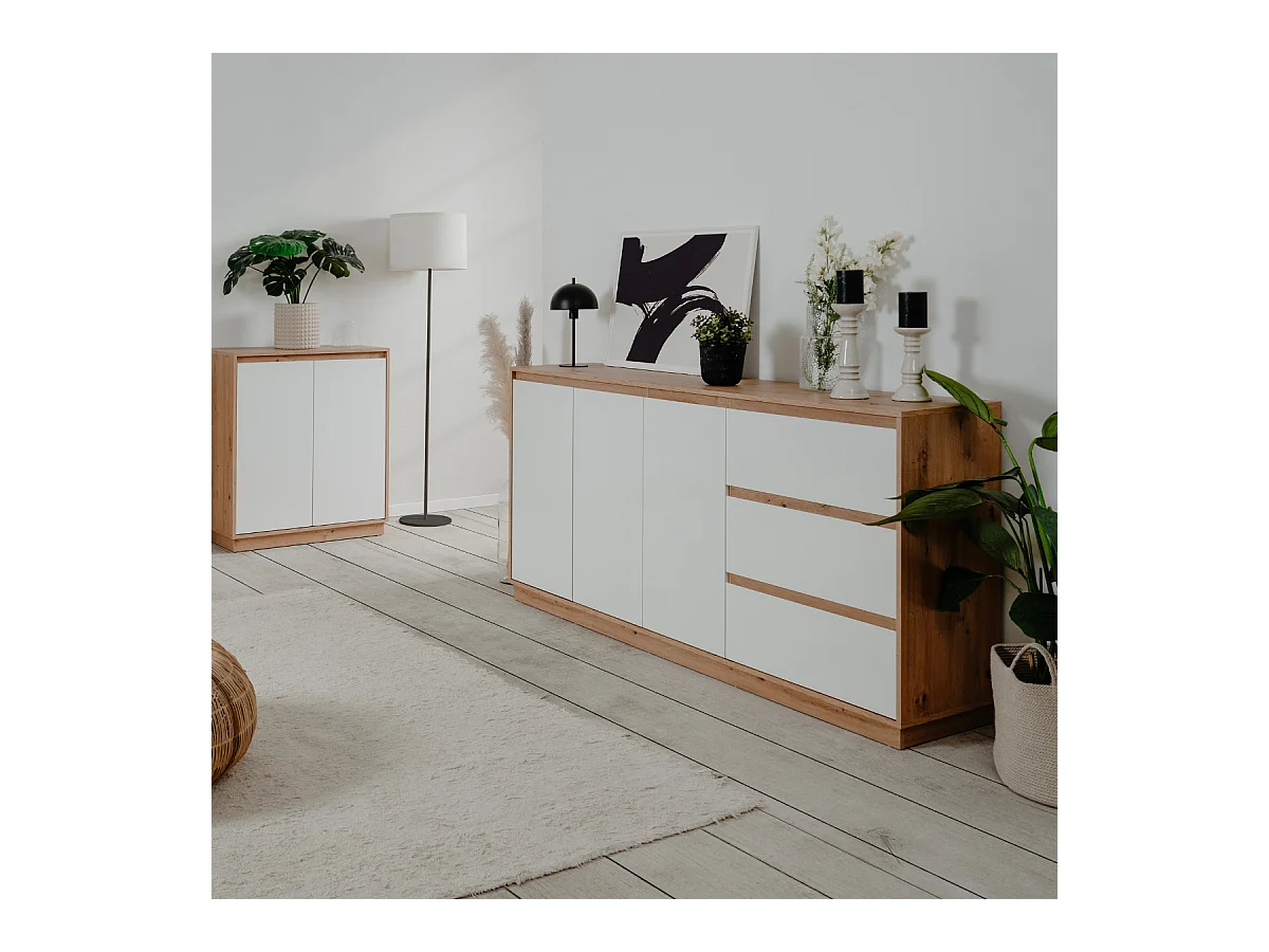 Buffet 3 portes et 3 tiroirs décor blanc brillant et chêne artisan L178cm - PHOENIX