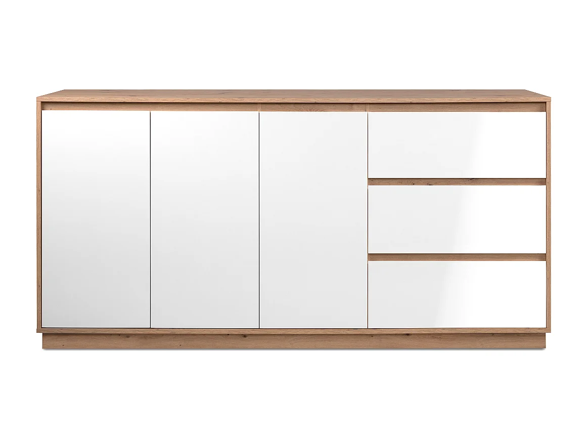 Buffet 3 portes et 3 tiroirs décor blanc brillant et chêne artisan L178cm - PHOENIX