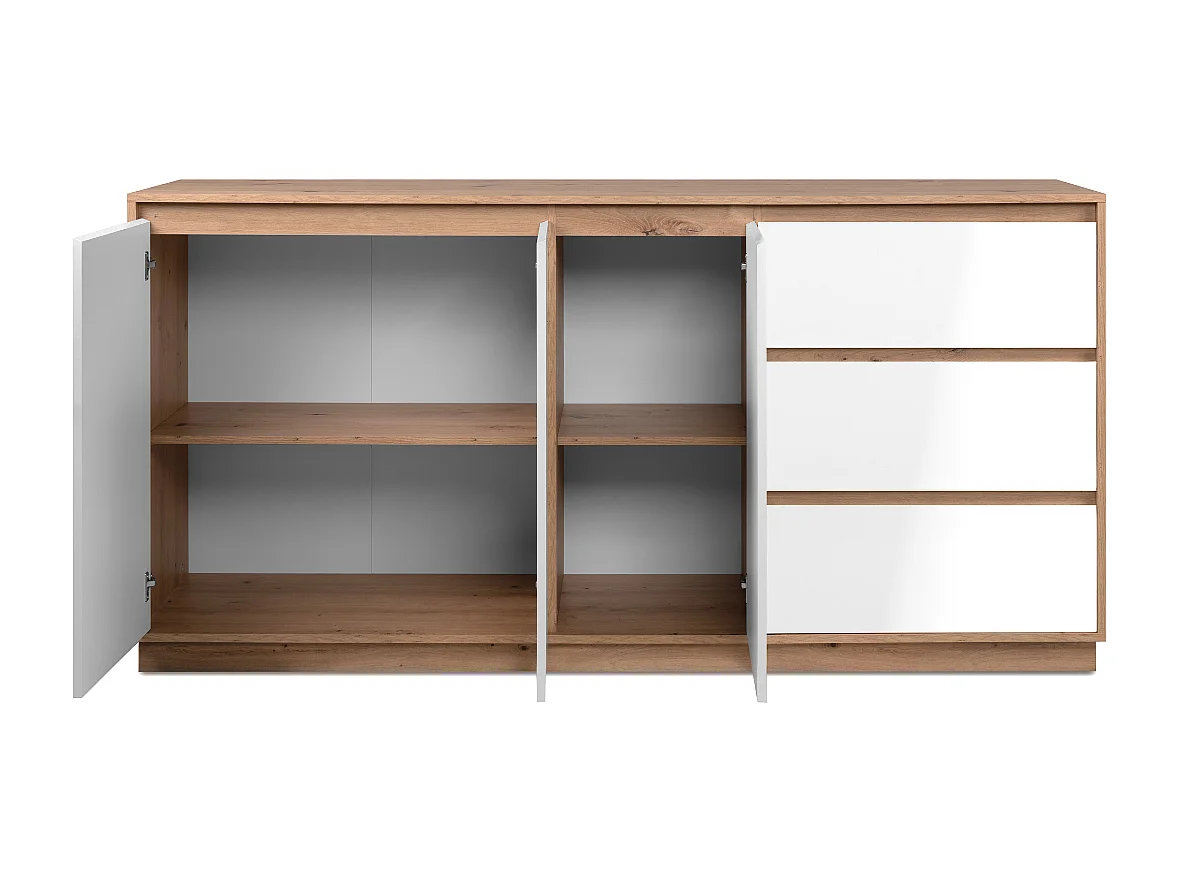 Buffet 3 portes et 3 tiroirs décor blanc brillant et chêne artisan L178cm - PHOENIX